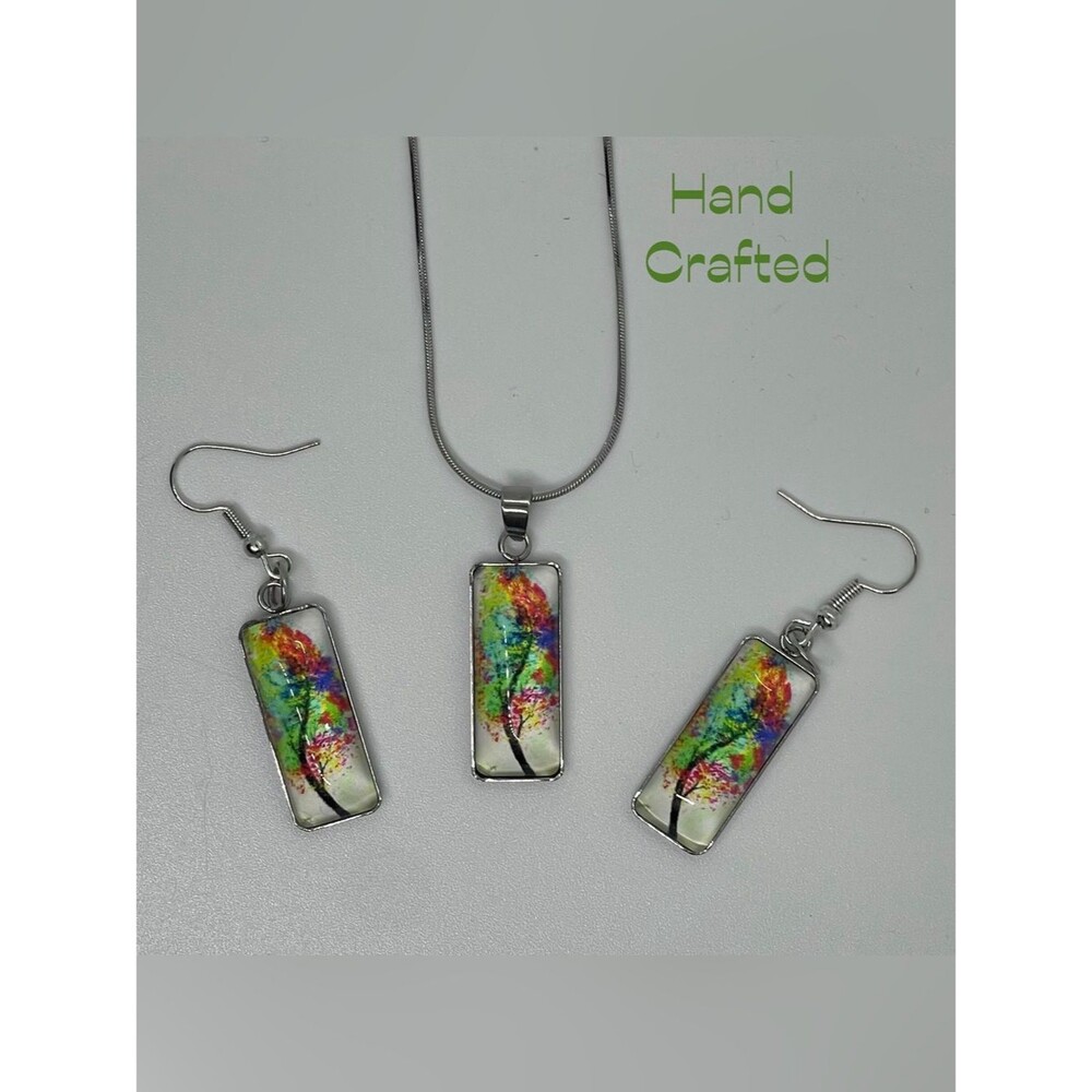 Hand Crafted Green Pink Tree Glass Rectangle Necklace Earrings Set NWT